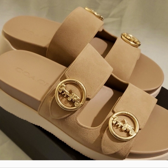 Coach Tan Slide Sandals with Gold Accents Like New - Picture 1 of 5